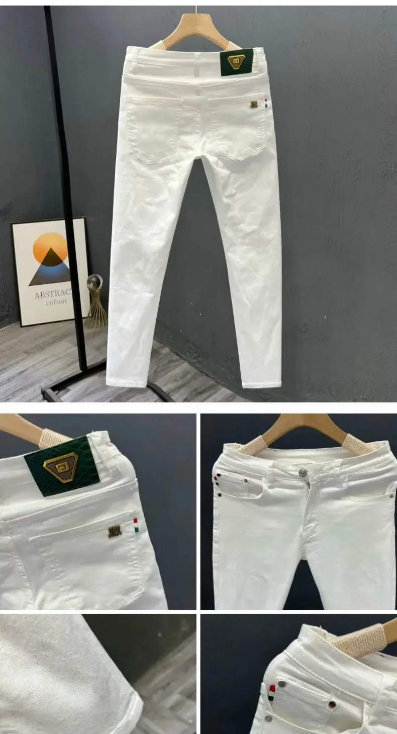 Calças brancas masculinas de alta qualidade simples verão na moda roupas de negócios masculinas algodão jeans de pés pequenos calças de roupas masculinas de ajuste fino — image 8