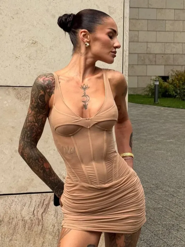 Sexy sólido fishbone com decote em v vestido feminino elegante sólido sem mangas plissado cintura fina-cinching mini vestidos de festa de verão 2026