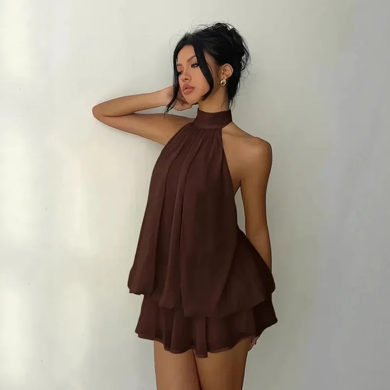 Sexy Women Chiffon Sleeveless Halter Backless Dress Lady Solid Color Tie Waist Slim Flared Dress Summer Beach Vacation Outfit