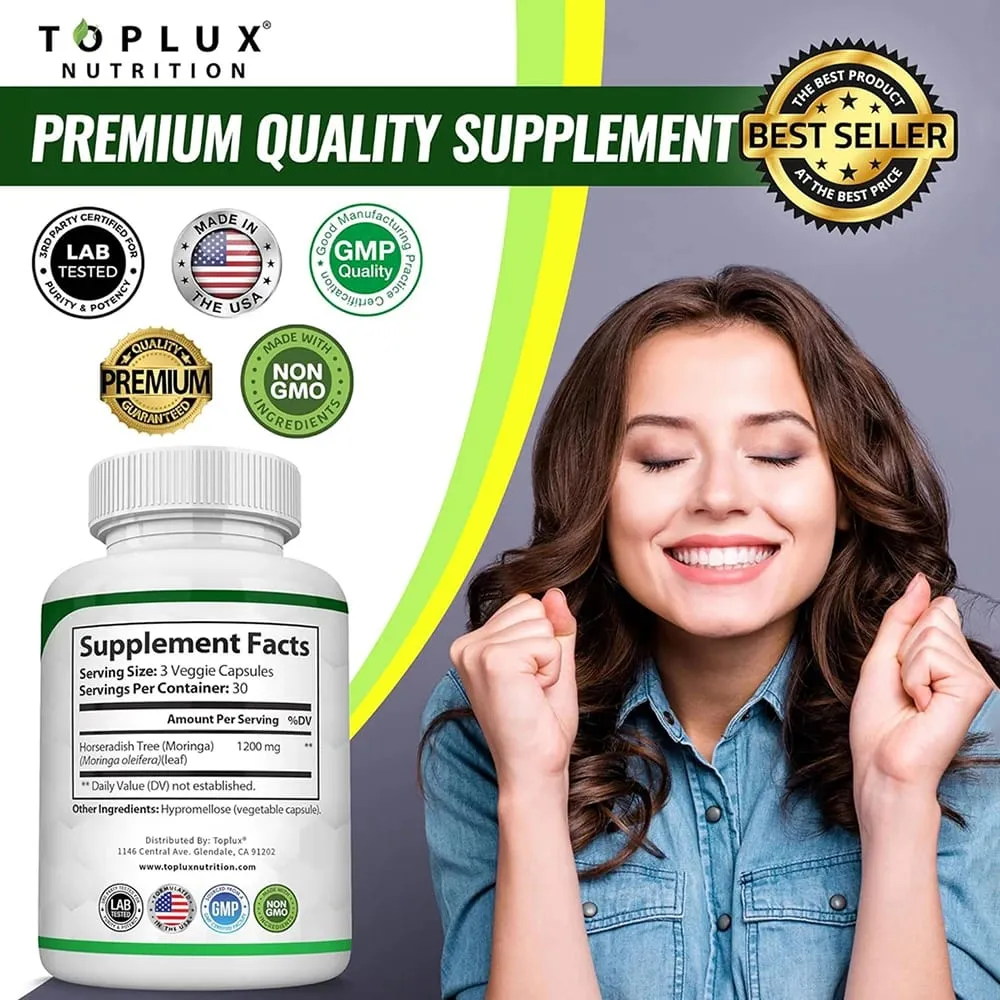 Moringa Capsules 1200mg - Pure Moringa Powder Oleifera Leaf Superfood Rich in Antioxidant Skin Health & Immune Support Vegan