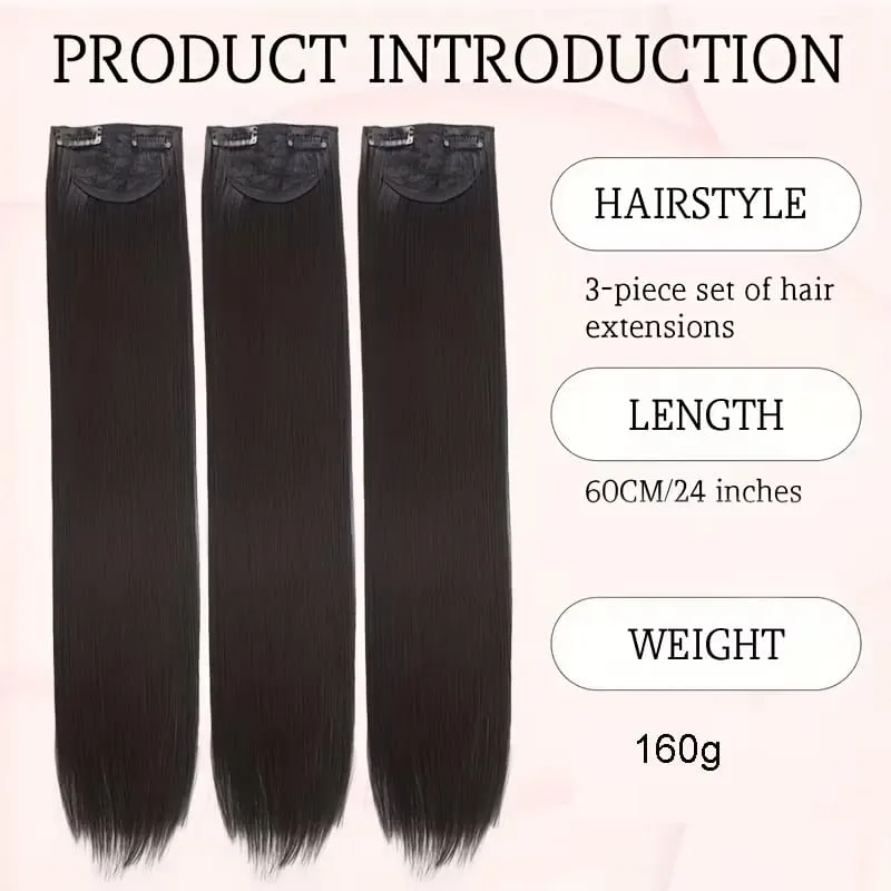 24Inch Synthetic 3pcs/set Long Straight Hair Extension Lightweight Black Brown Hair Accessories for Women Daily — image 3