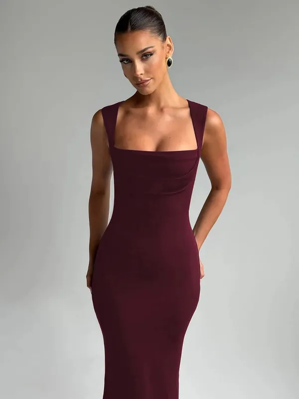 Hugcitar feminino elegante sólido gola quadrada alças sexy bodycon maxi vestido de baile verão feminino y2k roupas festa à noite aniversário