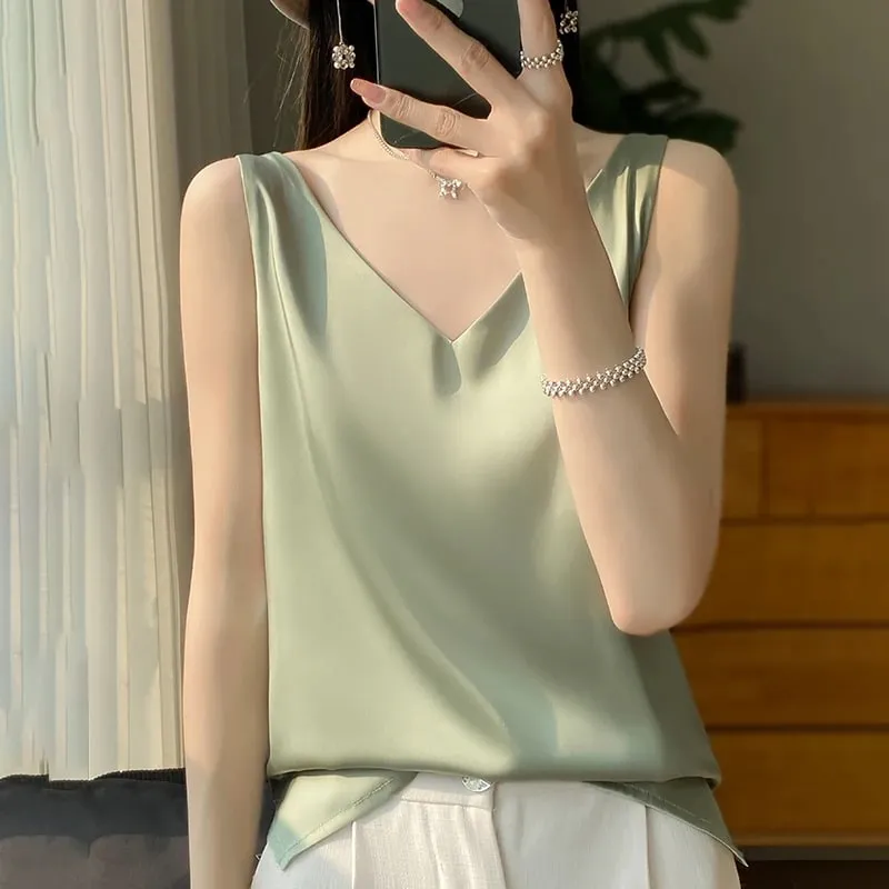 新款Lce絲緞吊帶背心女春夏純色無袖性感舒適絲質內衣背心RW-D09