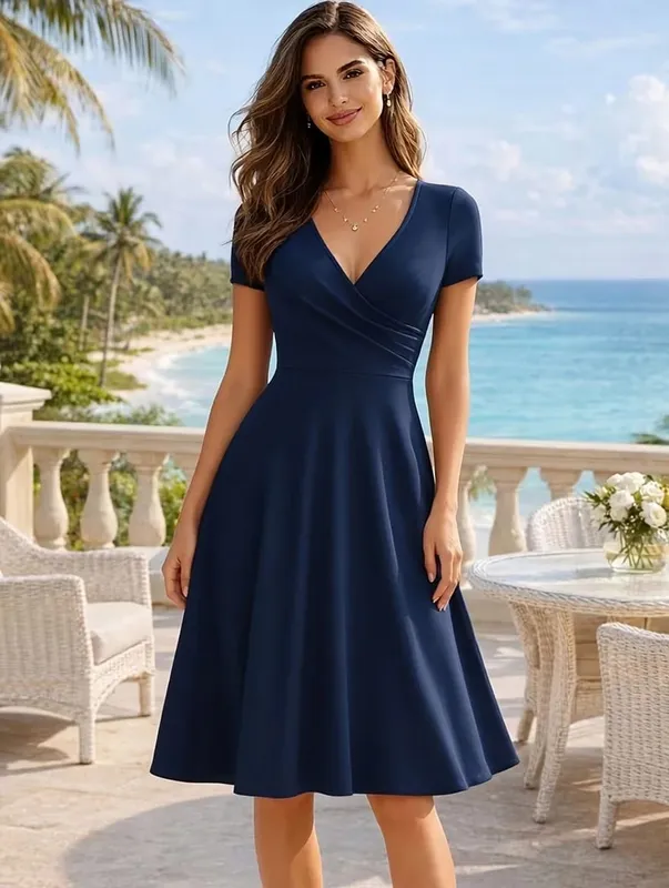 Feminino elegante em torno do pescoço verão manga curta sólido a linha na altura do joelho vestido de cintura alta swagger festa de casamento casual partida