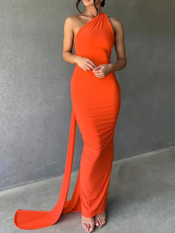 Neon Y2K Clothes One Shoulder Sleeveless Backless Ruched Bodycon Maxi Dresses For Women Club Birthday Party Evening Prom