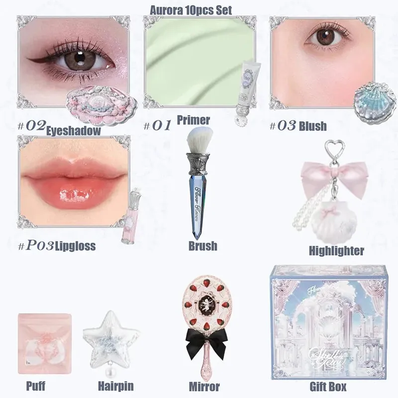 Conjunto completo de maquiagem flor sabe, conjunto completo de cosméticos com conchas de pérola, brilho labial, blush para bochecha, iluminador, caixa de presente, kit de maquiagem