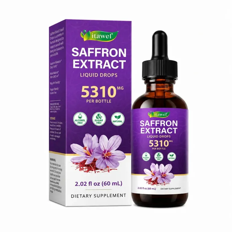 Gotas líquidas de extrato de açafrão 117mg por porção para antioxidante, humor equilibrado, sono saudável e suporte de conforto pré-menstrual 60ML