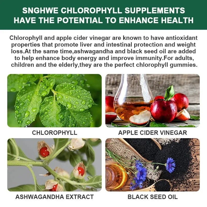 Gomas de clorofila - com ACV Vitamina D3 C E B12 - Desodorante natural Impulsionador de energia Imune e suporte à digestão Vegan 60 doces