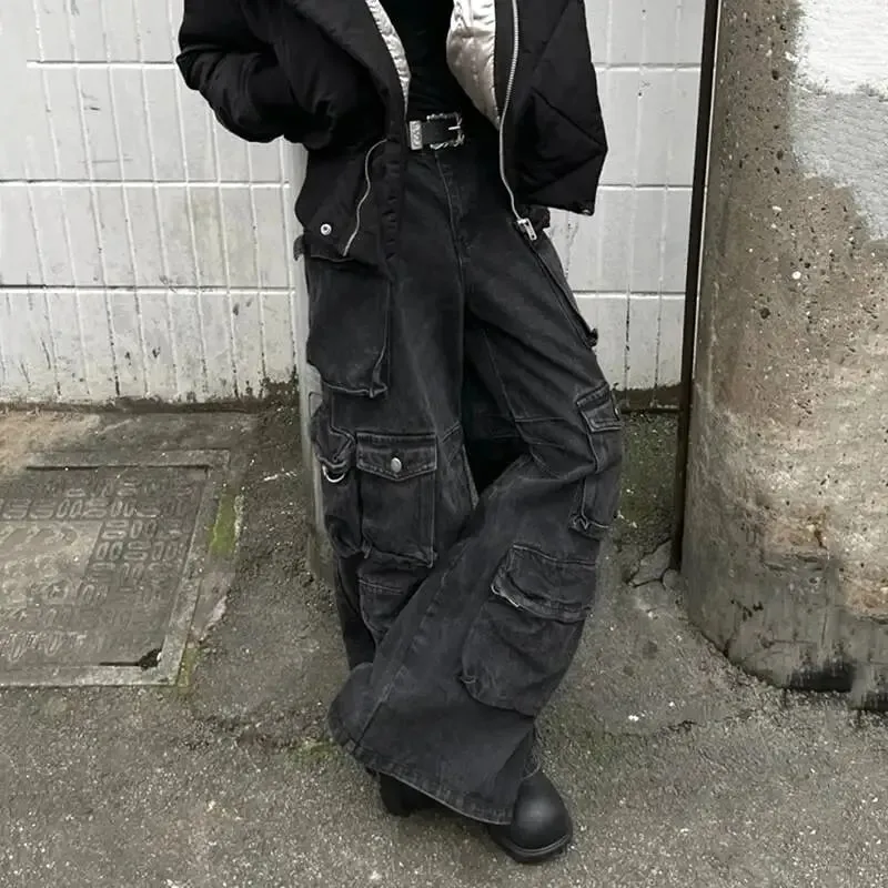 美式男士牛仔褲純色多口袋工裝褲直筒闊腿寬鬆男牛仔褲男裝24K3020