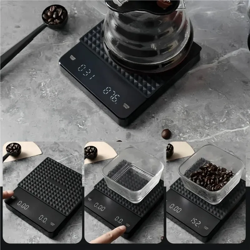 Balança de café eletrônica de alta precisão, com almofada à prova d'água, display led, cronometragem usb, acessórios profissionais para café doméstico, 3kg/0.1g