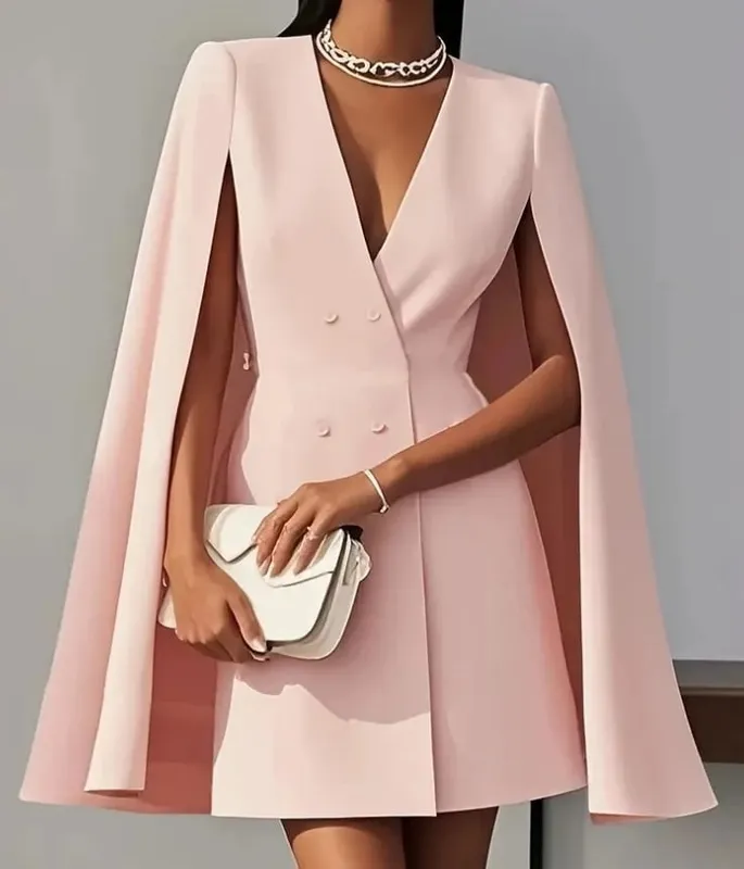 Womens Dresses 2025 Spring Autumn New Commuting Double Breasted Shawl Cape Solid Color V-Neck Mini Dress Women's Clothing