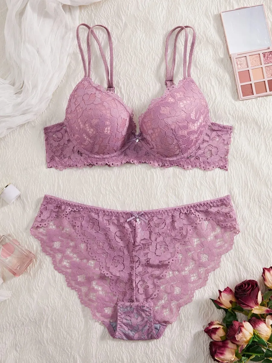 Conjunto de lingerie sexy feminina renda patchwork cor sólida laço strass embelezado push-up alça de ombro dupla sem forro roupa íntima confortável renda semitransparente calcinha respirável