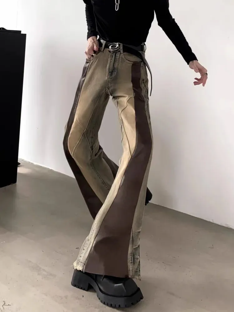 Trashy y2k 2000s couro do plutônio retalhos magro alargamento calças de brim para homens 90s roupas vintage colorblock calças jeans moda hombre
