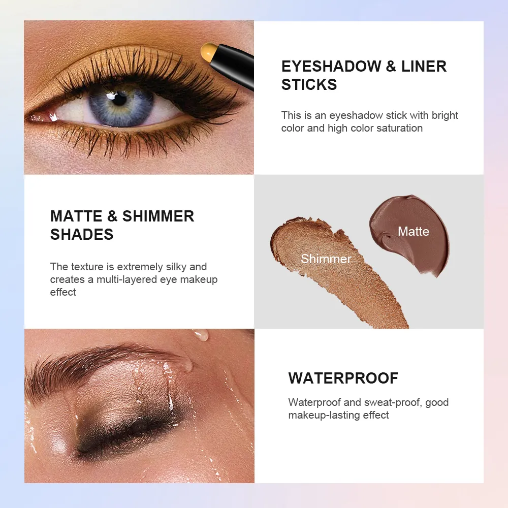 Lápis de sombra brilhante e fosco, à prova d'água, perolado, metálico, glitter, caneta iluminadora, cosméticos