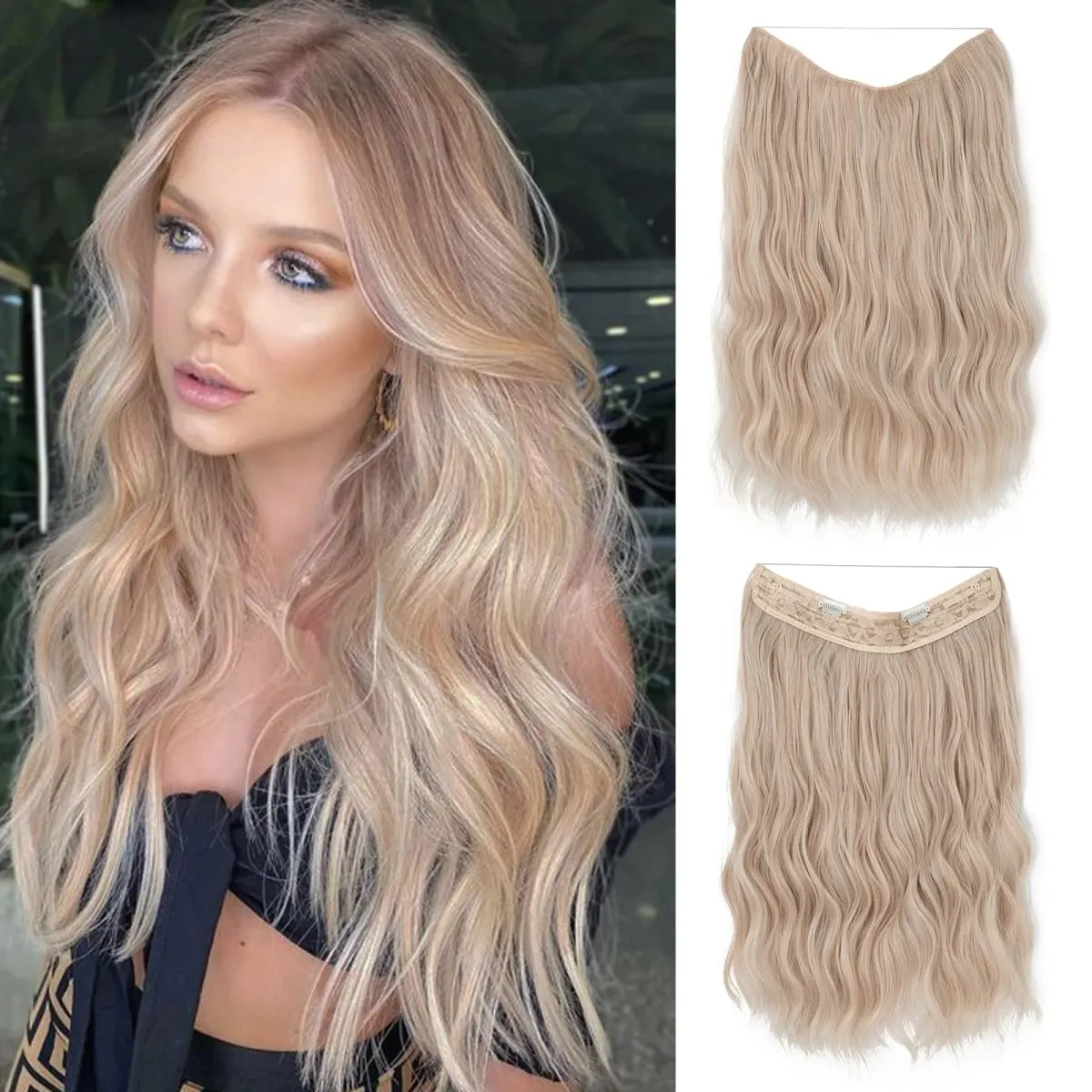 Fio invisível ondulado sintético com clipes, extensão de cabelo, linha de peixe, loiro natural, clipe em peça de cabelo falso