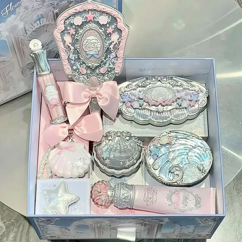 Conjunto completo de maquiagem flor sabe, conjunto completo de cosméticos com conchas de pérola, brilho labial, blush para bochecha, iluminador, caixa de presente, kit de maquiagem