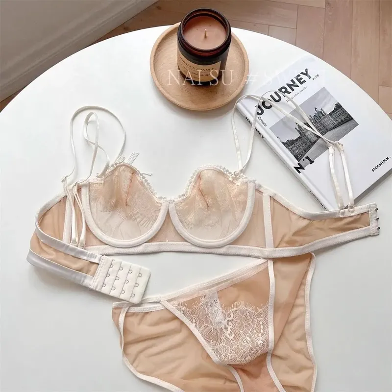Premium Sheer Mesh Bra Set Fringed Lace Half-Cup Minimizer Ultra-Thin Luxury Lingerie Full Bust Coverage Slim Silhouette