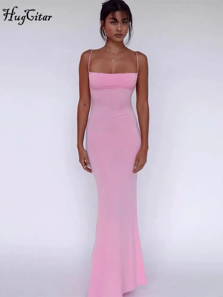 Hugcitar verão sólido sem mangas sem costas elegante sexy bodycon y2k maxi vestido de baile roupas femininas festa de aniversário casual y2k
