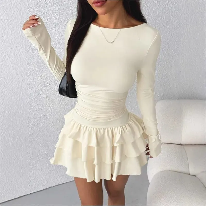 Vestidos temperamento 2025 mulher mini vestidos estilo simples elegante francês bodycon magro plissado moda manga longa deslocamento sexy — image 3