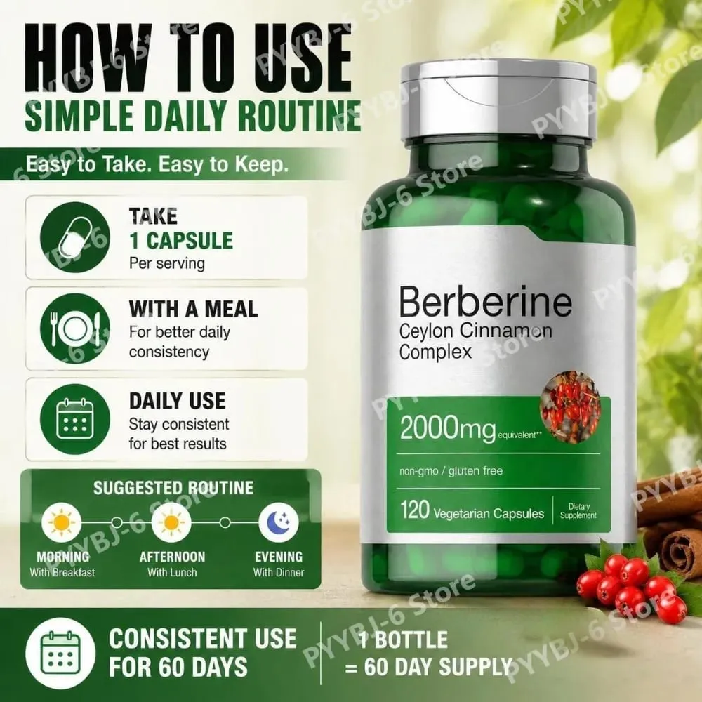Berberine Ceylon Cinnamon Complex 2000mg Cápsulas vegetarianas Não-OGM Suplemento diário de bem-estar sem glúten para adultos 120 contagens