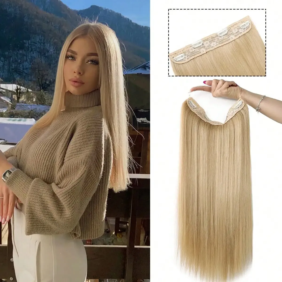 Invisible Wire Hair Extensions Adjustable Size Removable Secure Clips in 24 Inch Straight Secret Hairpiece for Women