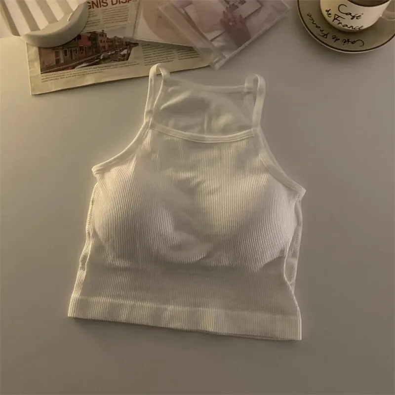 韓版女背心螺紋純色休閒時尚短上衣搭配胸墊條紋無袖外套基本款吊帶背心