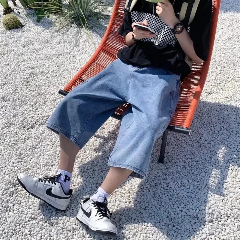 Jeans Pants Men Summer Short Jeans Big-Pockets Breeches Hip Hop Streetwear Baggy Denim Shorts Casual Wide-Leg Capris Pants