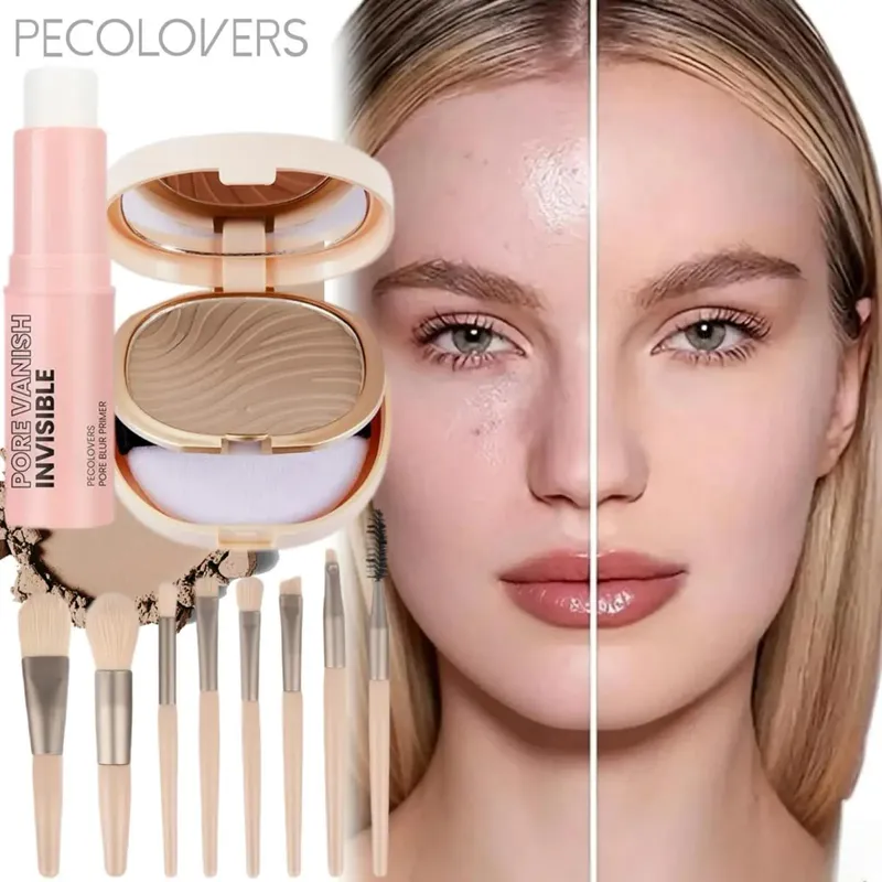 Conjunto de maquiagem facial-1 bastão transparente para fechamento de poros + 1 pó solto para controle de óleo + 8 peças de pincel de maquiagem ferramenta verão conjunto de viagem à prova d'água