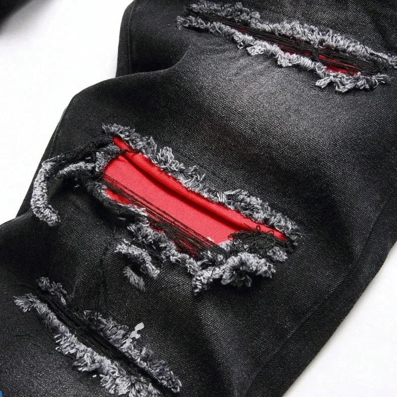 2025 outono novo estiramento jeans moda rasgado retalhos magro europeu americano calças masculinas pintura dot hip hop denim calças — image 7