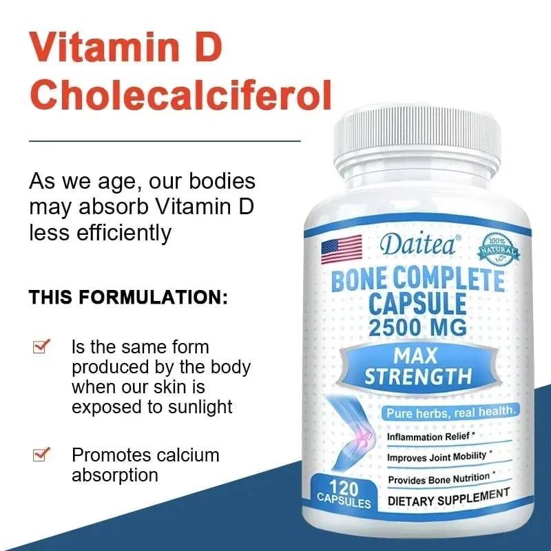 Cápsulas ósseas completas contendo cálcio e vitaminas D K e C para a saúde das articulações, pele dos ossos, saúde das unhas e osteoporose