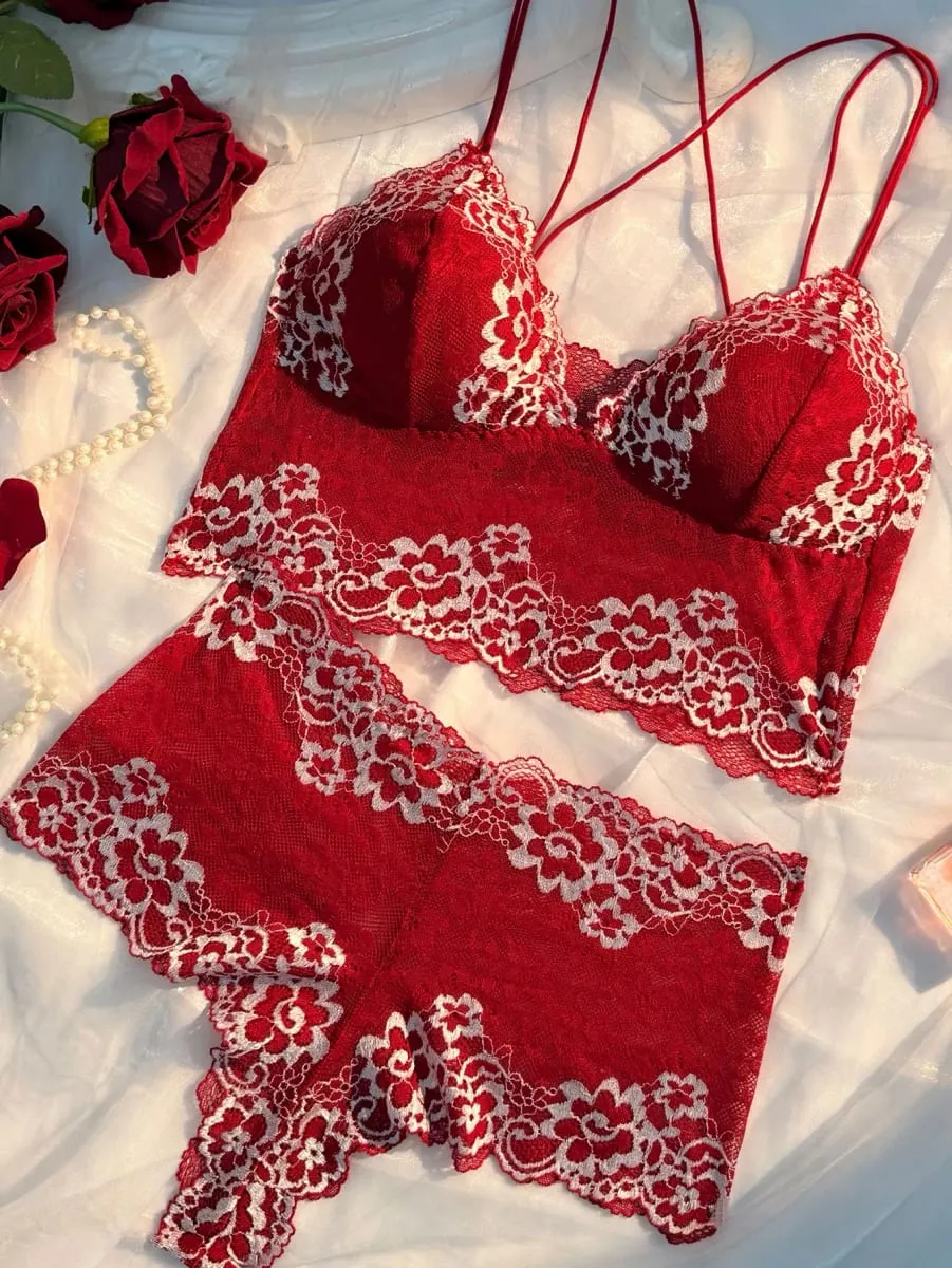 Requintado contraste floral renda estreita malha transparente cruz lindo suspensório traseiro lingerie sexy conjunto de 2 peças 2026