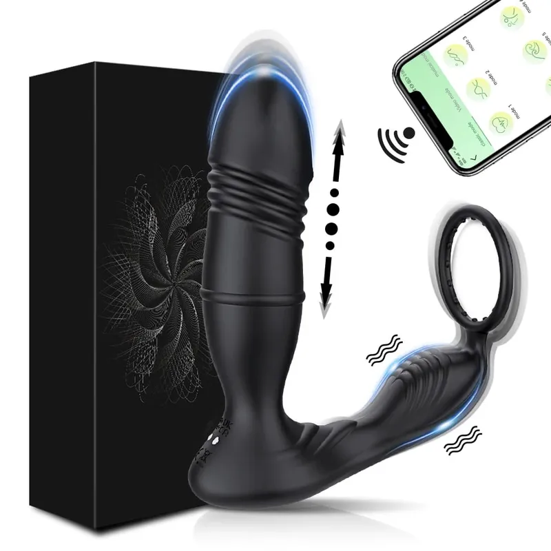 Empurrando Butt Plug para Homens Massageador de Próstata APP Vibrador Anal Telescópico Vibratório Anal Plug Estimulador de Próstata Brinquedo Sexual Homens