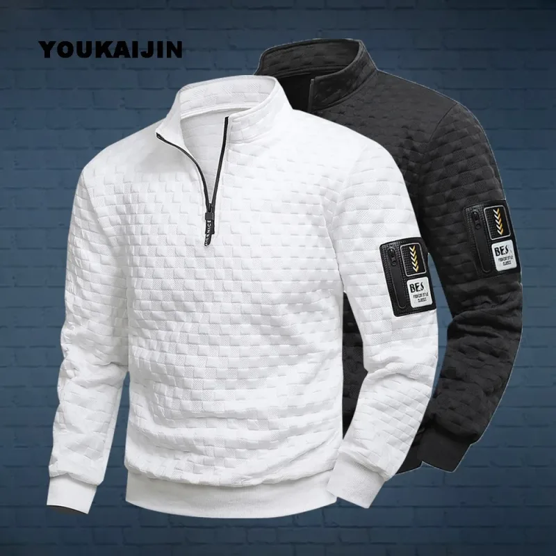 Moletom masculino com zíper de um quarto casual outono mock pescoço branco solto pulôver manga longa sólido gráfico zip up moletom