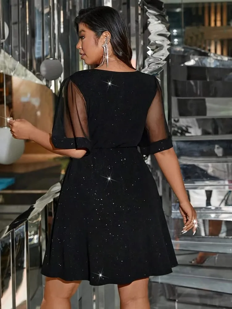 Novo plus size com decote em v elegante cabido painel de malha de cor sólida vestidos femininos transparentes para eventos noturnos e datas