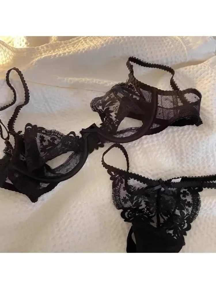 Conjunto de sutiã meia xícara de renda parisiense – lingerie de verão ultrafina com recortes transparentes e sem esponja, desejo francês sexy