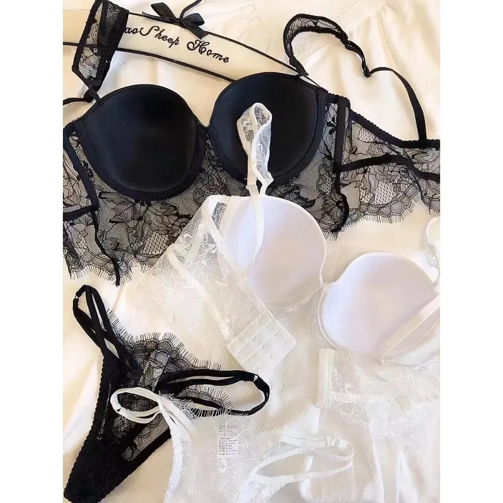 Conjunto de 2 peças de lingerie feminina chique de renda com aro macio, costas em U profundas, copo fino, push-up, verão, respirável, roupa íntima íntima S-XL