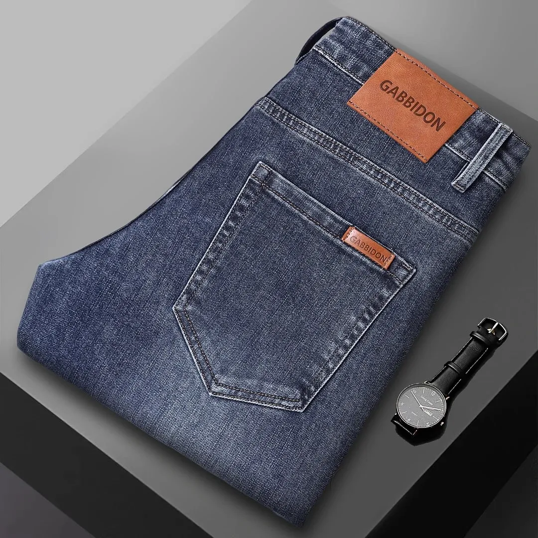 Spring New Men's Straight Jeans Comfortable Elastic Casual Business Work Trousers Retro Blue Fashion Fit Washed Denim Pants