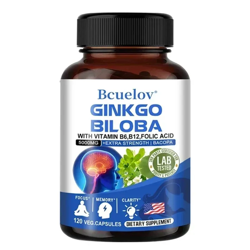 Ginkgo Biloba 5000 mg Força Extra - Suporta Função Cerebral e Foco na Memória Alívio do Estresse 120 Cápsulas Vegetais