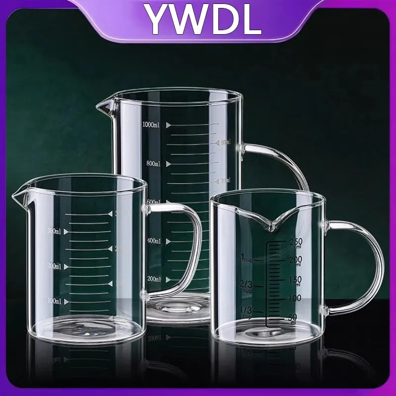 1/2 pces copo de medição de vidro com alça resistente ao calor copo de laboratório cozinha leite café caneca de medição 250/350/500/1000ml — image 1