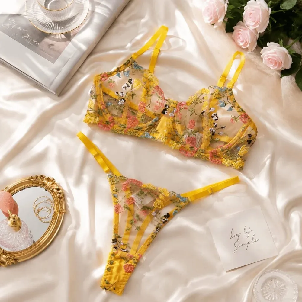 Versatile Transparent Lingerie Set Ultra-thin Elegant Embroidery Floral Underwear Push Up Panties Bra Set Women