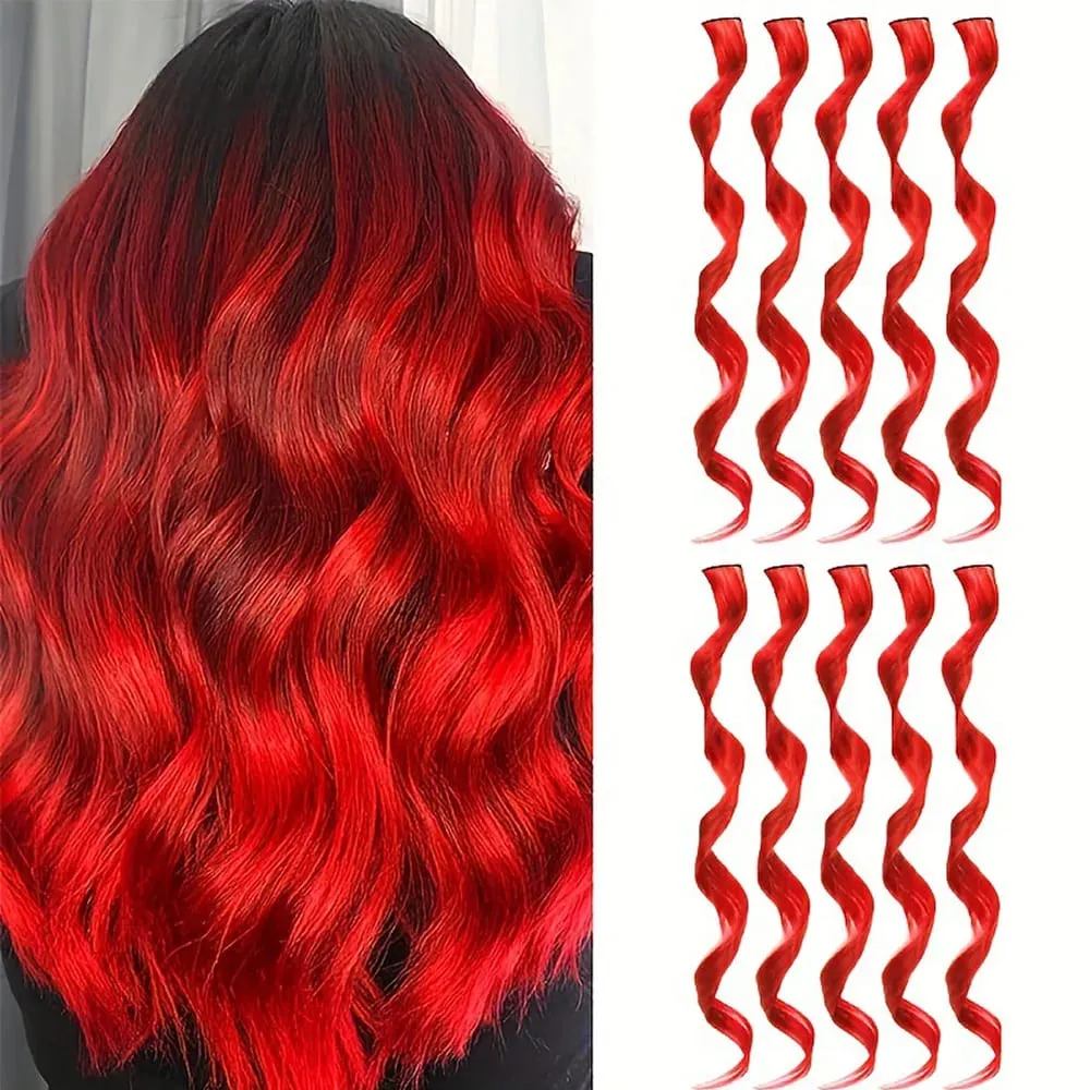 10 piece set of colored curly hair extensions clip style highlight hair patches single clip style one-piece women's dark hair — image 11