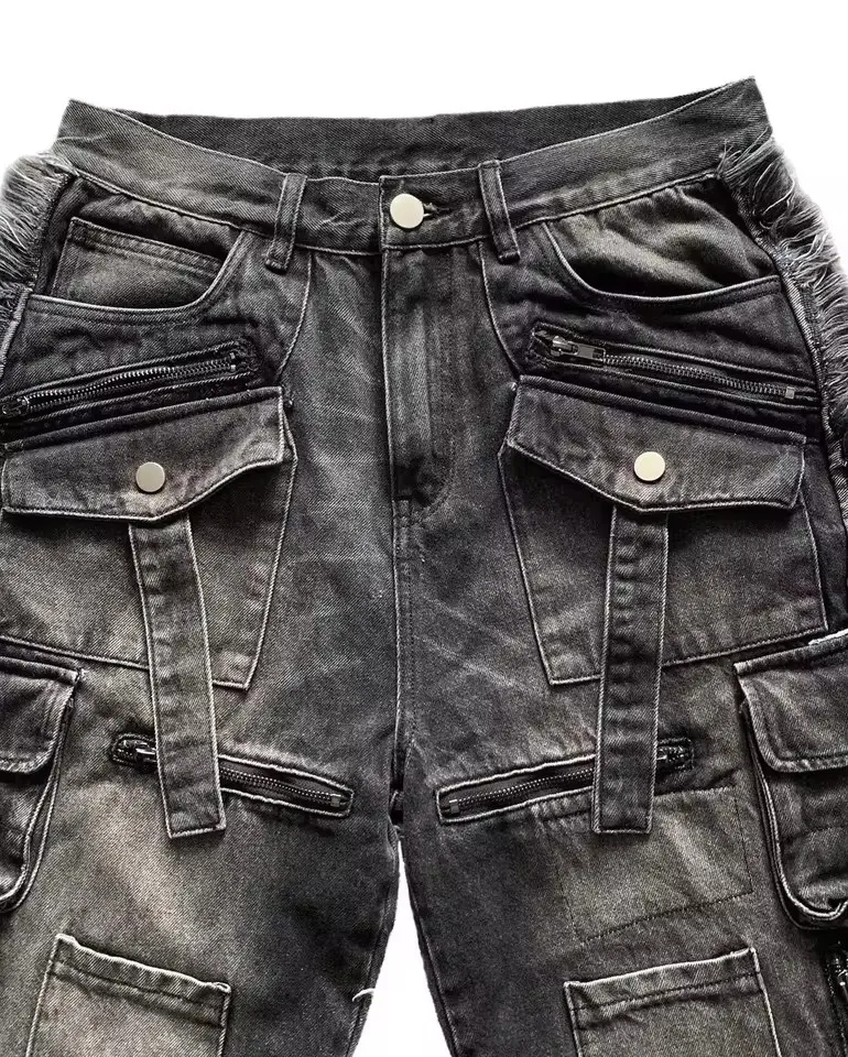 Y2k preto multi bolso carga calças de brim das mulheres dos homens perna larga angustiado bainha desgastada bolsos botão detalhe baggy streetwear calças