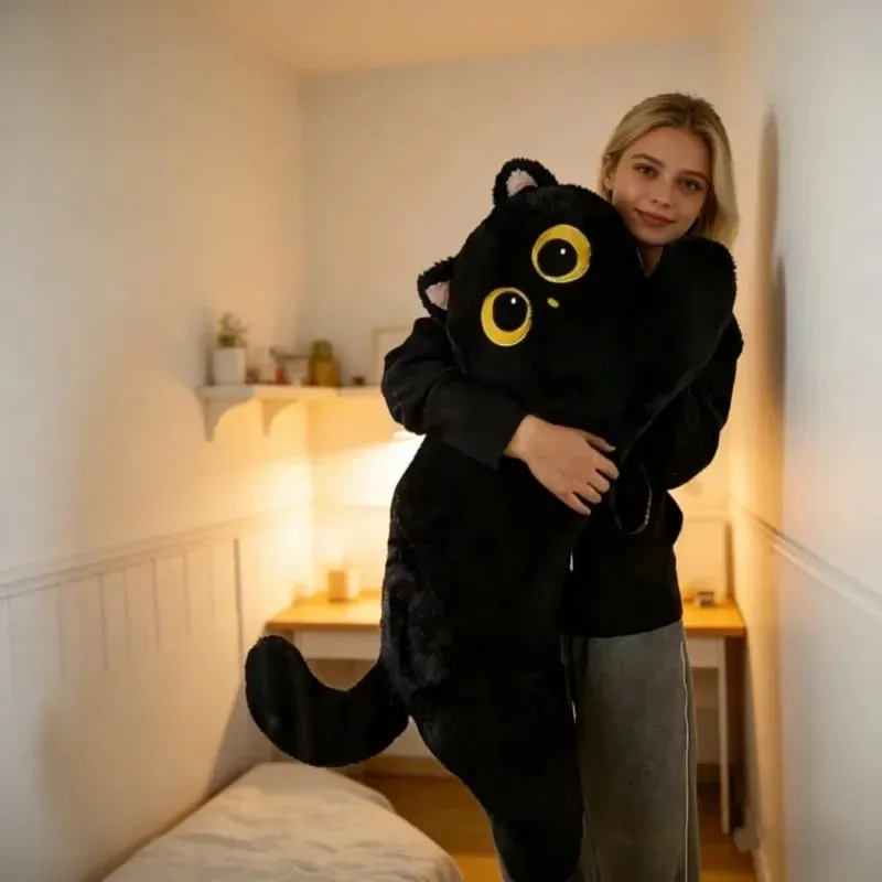 Travesseiro de pelúcia de gato preto, boneco de gato longo, dormitório, braçadeira de perna para dormir, almofada de sofá, uso doméstico
