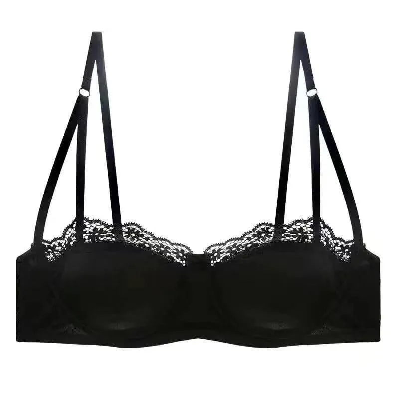 Europeu-americano sexy cetim meia xícara confortável conjunto de roupa interior de suporte superior fino com anel de aço borda de renda verde sutiã brilhante