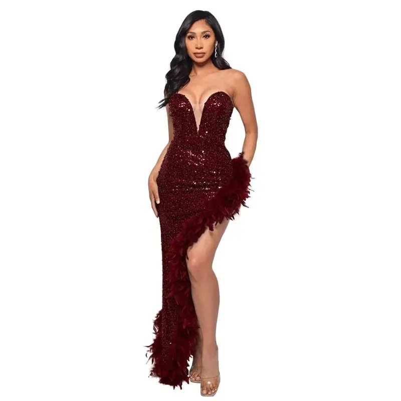 yaya feminino lantejoulas sem alças pena alta lateral divisão sem alças bodycon midi maxi vestido sexy clube até vestidos de festa