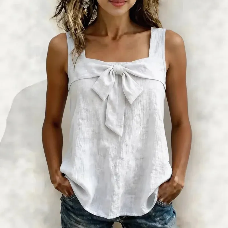 Mulheres pescoço quadrado sem mangas regata frente arco decoração cor sólida casual verão senhoras camisola