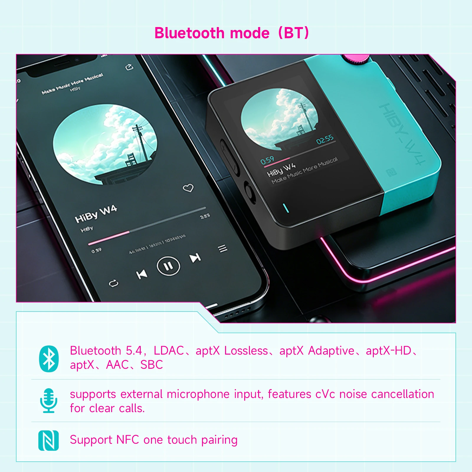 HiBy W4 3.5mm 4.4mm Wireless Audio HiFi Headphone Amplifier Bluetooth 5.4 NFC CarPlay UAT LDAC AptX HD AptX-LL 1500mAh MagSafe