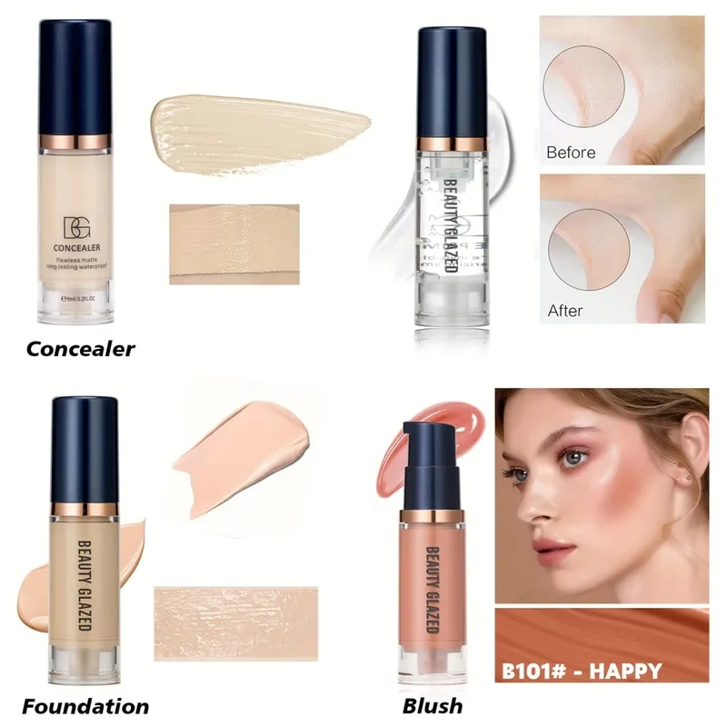Conjunto de 4 peças de primer + corretivo + base líquida + blush líquido fosco veludo à prova d'água base blush maquiagem para viagens