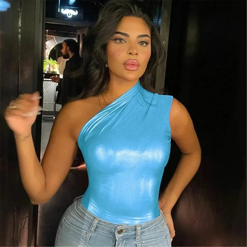 Women's Glitter One Shoulder Bodysuit Blue Silver Orange Red