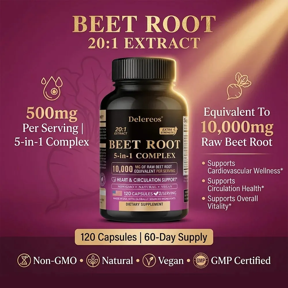 Organic Beetroot Extract Capsules 500mg Supports Blood Circulation & Heart Wellness Blood Flow Improves Immunity